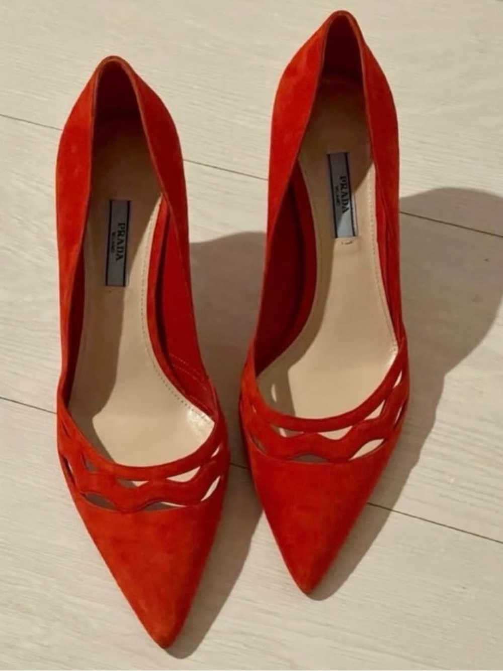 Prada Orange-Red Suede Pointed-Toe Pumps